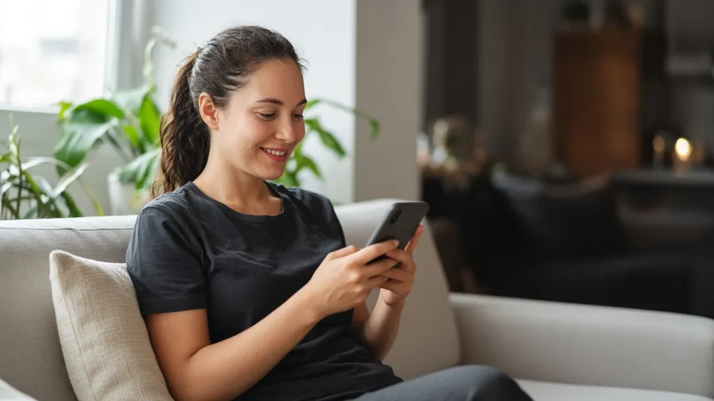 Evinde telefonundan Beslen uygulamasına bakan gülümseyen kadın