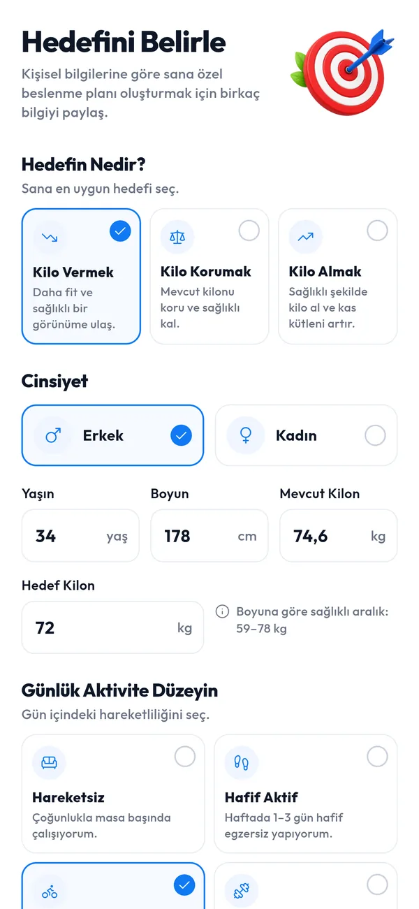 Beslen hedef belirleme ekranı: kilo verme, koruma ve alma seçenekleri