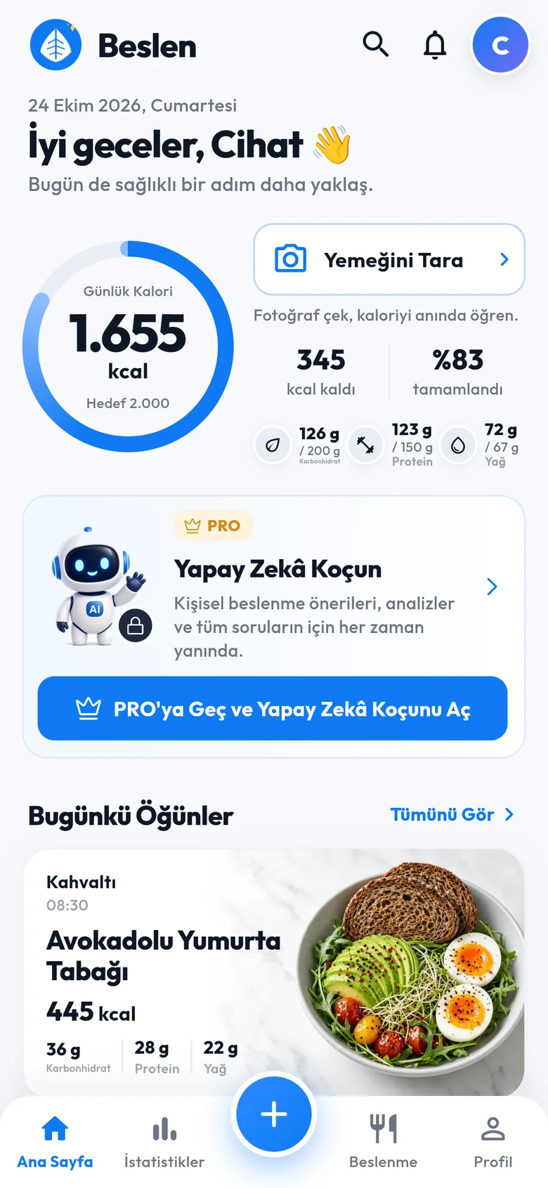 Beslen uygulamasının ana sayfası: günlük kalori özeti ve öğünler